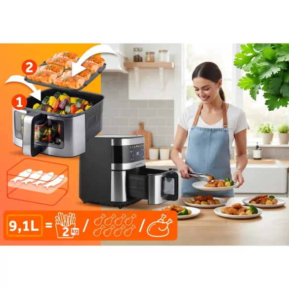 Air Fryer forrólevegős sütő, Berdsen BD-656, 9,1 l, ezüst/fekete, olaj nélküli sütés, érintőkijelzős, 7 programos, ablakos kosár, LED világítás, 1700 W