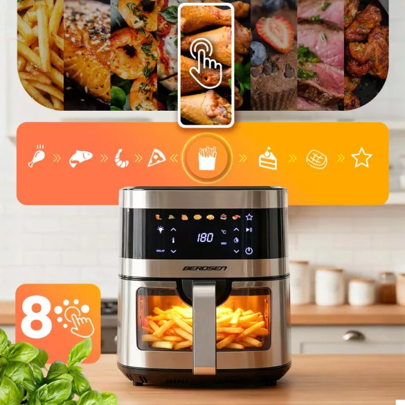 Air Fryer forrólevegős sütő, Berdsen BD-656, 9,1 l, ezüst/fekete, olaj nélküli sütés, érintőkijelzős, 7 programos, ablakos kosár, LED világítás, 1700 W