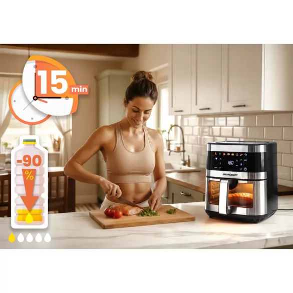 Air Fryer forrólevegős sütő, Berdsen BD-656, 9,1 l, ezüst/fekete, olaj nélküli sütés, érintőkijelzős, 7 programos, ablakos kosár, LED világítás, 1700 W