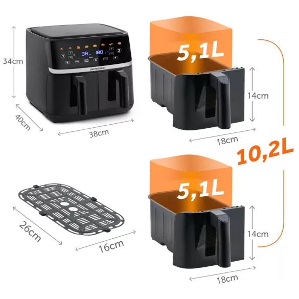 Air Fryer forrólevegős sütő, Berdsen BD-657, 10,2 liter, fekete, olaj nélküli sütés, érintőkijelzős, 8 program, 2 kosár, LED világítás, 1700 W