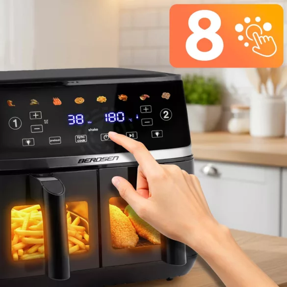 Air Fryer forrólevegős sütő, Berdsen BD-657, 10,2 liter, fekete, olaj nélküli sütés, érintőkijelzős, 8 program, 2 kosár, LED világítás, 1700 W