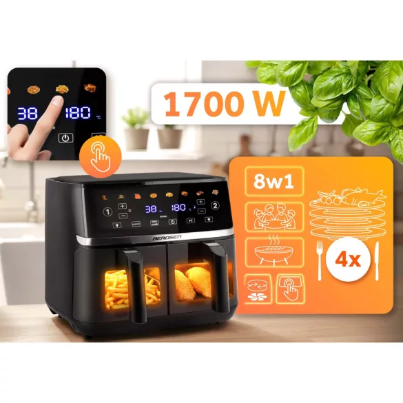 Air Fryer forrólevegős sütő, Berdsen BD-657, 10,2 liter, fekete, olaj nélküli sütés, érintőkijelzős, 8 program, 2 kosár, LED világítás, 1700 W