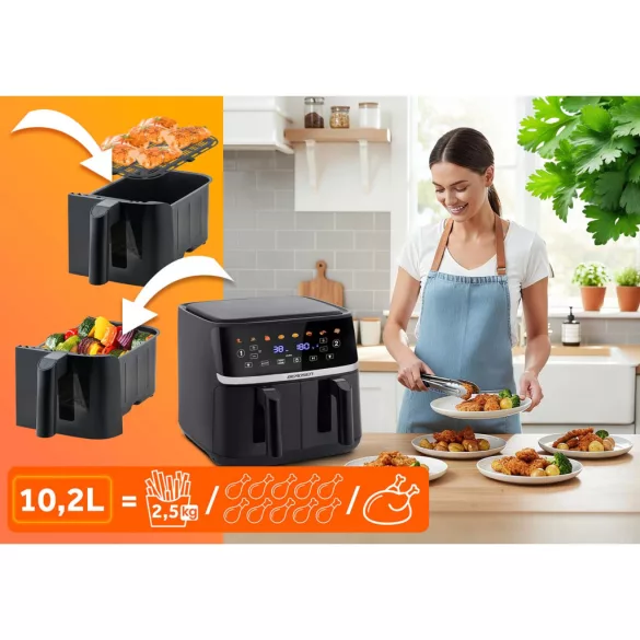 Air Fryer forrólevegős sütő, Berdsen BD-657, 10,2 liter, fekete, olaj nélküli sütés, érintőkijelzős, 8 program, 2 kosár, LED világítás, 1700 W