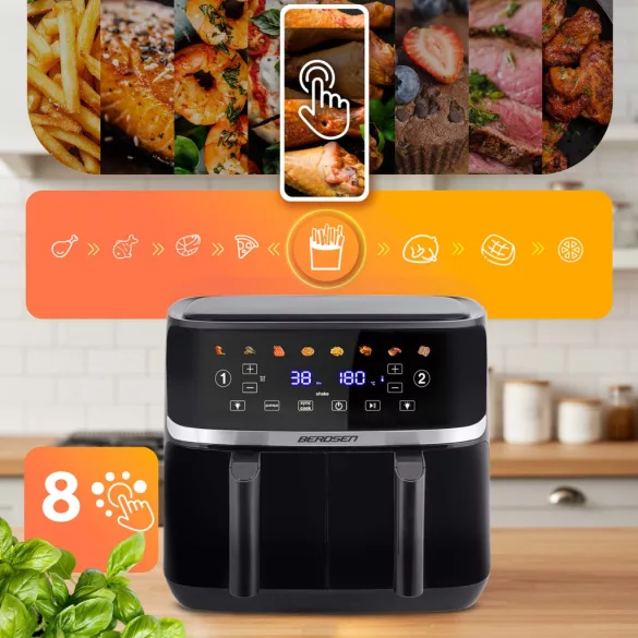 Air Fryer forrólevegős sütő, Berdsen BD-657, 10,2 liter, fekete, olaj nélküli sütés, érintőkijelzős, 8 program, 2 kosár, LED világítás, 1700 W