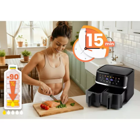 Air Fryer forrólevegős sütő, Berdsen BD-657, 10,2 liter, fekete, olaj nélküli sütés, érintőkijelzős, 8 program, 2 kosár, LED világítás, 1700 W