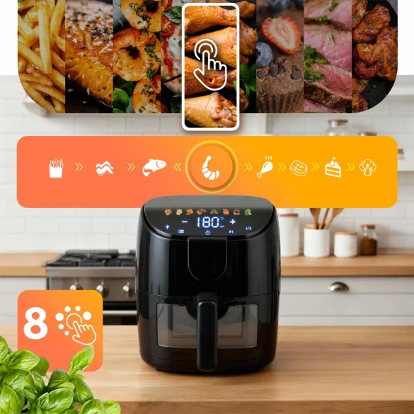 Air Fryer forrólevegős sütő, Berdsen BD-658, 4 l, fekete, olaj nélküli sütés, érintőkijelzős, 8 programos, ablakos kosár, LED világítás, 1500 W