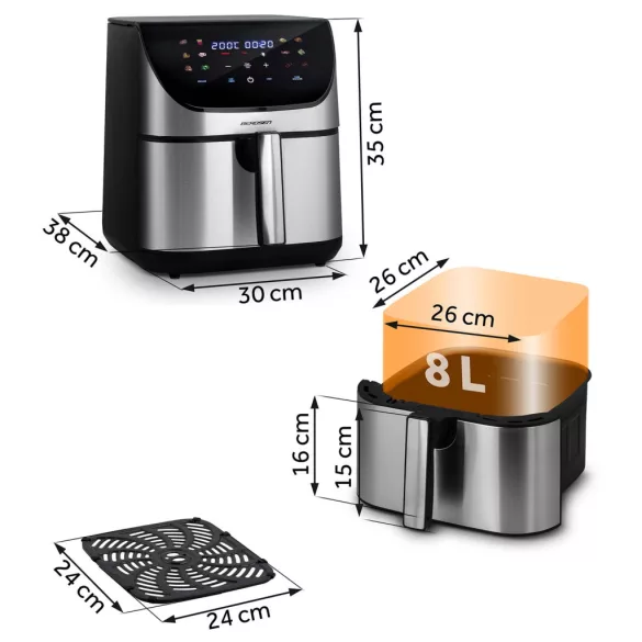 Air Fryer forrólevegős sütő, Berdsen BD-659, 8 l, ezüst/fekete, olaj nélküli sütés, érintőkijelzős, 12 programos, emlékeztető ételfordításra, 1700 W