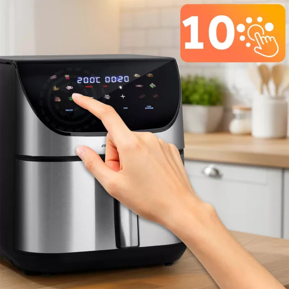 Air Fryer forrólevegős sütő, Berdsen BD-659, 8 l, ezüst/fekete, olaj nélküli sütés, érintőkijelzős, 12 programos, emlékeztető ételfordításra, 1700 W