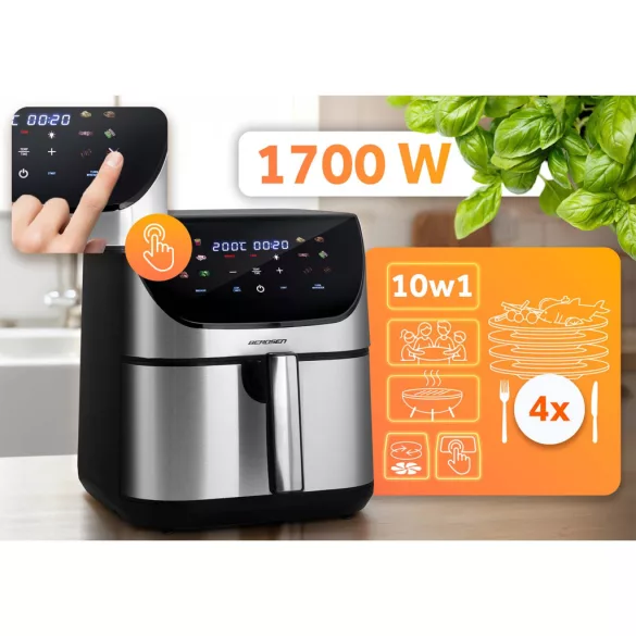 Air Fryer forrólevegős sütő, Berdsen BD-659, 8 l, ezüst/fekete, olaj nélküli sütés, érintőkijelzős, 12 programos, emlékeztető ételfordításra, 1700 W