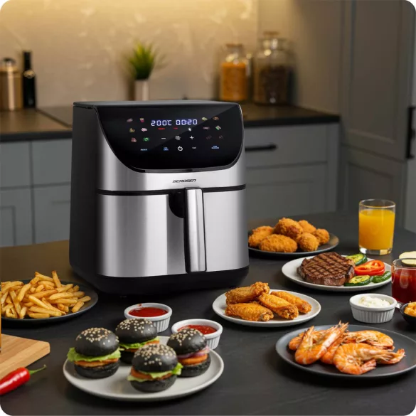 Air Fryer forrólevegős sütő, Berdsen BD-659, 8 l, ezüst/fekete, olaj nélküli sütés, érintőkijelzős, 12 programos, emlékeztető ételfordításra, 1700 W