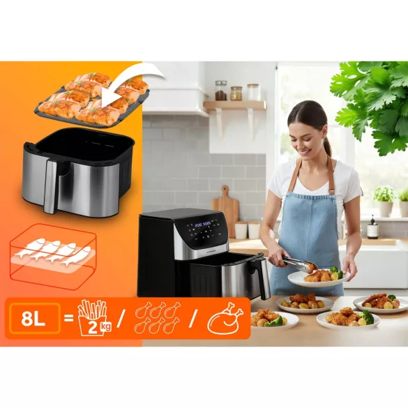 Air Fryer forrólevegős sütő, Berdsen BD-659, 8 l, ezüst/fekete, olaj nélküli sütés, érintőkijelzős, 12 programos, emlékeztető ételfordításra, 1700 W