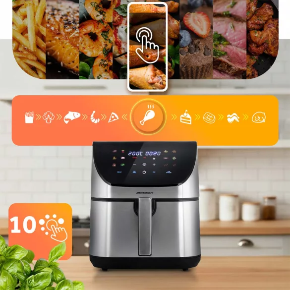 Air Fryer forrólevegős sütő, Berdsen BD-659, 8 l, ezüst/fekete, olaj nélküli sütés, érintőkijelzős, 12 programos, emlékeztető ételfordításra, 1700 W