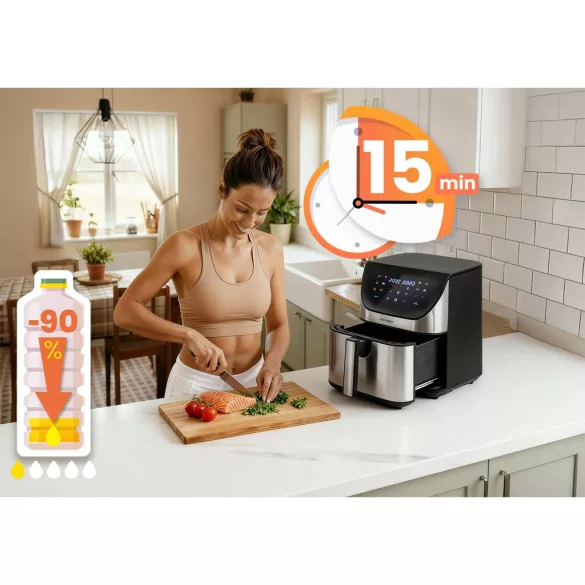 Air Fryer forrólevegős sütő, Berdsen BD-659, 8 l, ezüst/fekete, olaj nélküli sütés, érintőkijelzős, 12 programos, emlékeztető ételfordításra, 1700 W