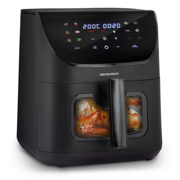 Air Fryer forrólevegős sütő, Berdsen BD-660, 8 l, fekete, olaj nélküli sütés, érintőkijelzős, 12 programos, ablakos kosár, LED világítás, 1700 W