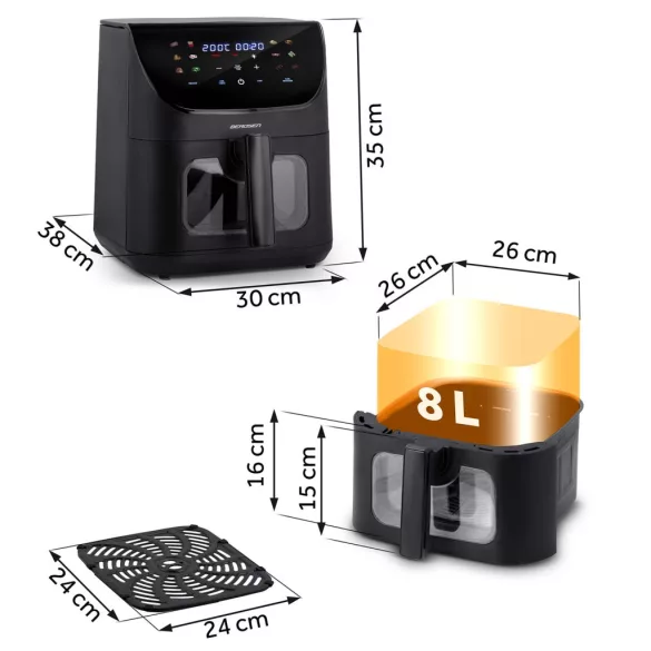 Air Fryer forrólevegős sütő, Berdsen BD-660, 8 l, fekete, olaj nélküli sütés, érintőkijelzős, 12 programos, ablakos kosár, LED világítás, 1700 W