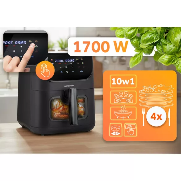 Air Fryer forrólevegős sütő, Berdsen BD-660, 8 l, fekete, olaj nélküli sütés, érintőkijelzős, 12 programos, ablakos kosár, LED világítás, 1700 W