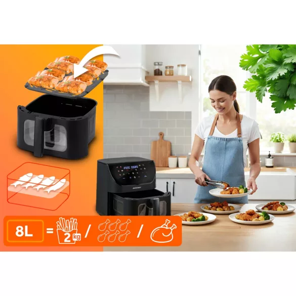 Air Fryer forrólevegős sütő, Berdsen BD-660, 8 l, fekete, olaj nélküli sütés, érintőkijelzős, 12 programos, ablakos kosár, LED világítás, 1700 W