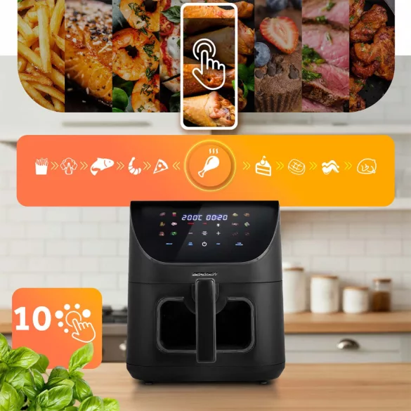 Air Fryer forrólevegős sütő, Berdsen BD-660, 8 l, fekete, olaj nélküli sütés, érintőkijelzős, 12 programos, ablakos kosár, LED világítás, 1700 W