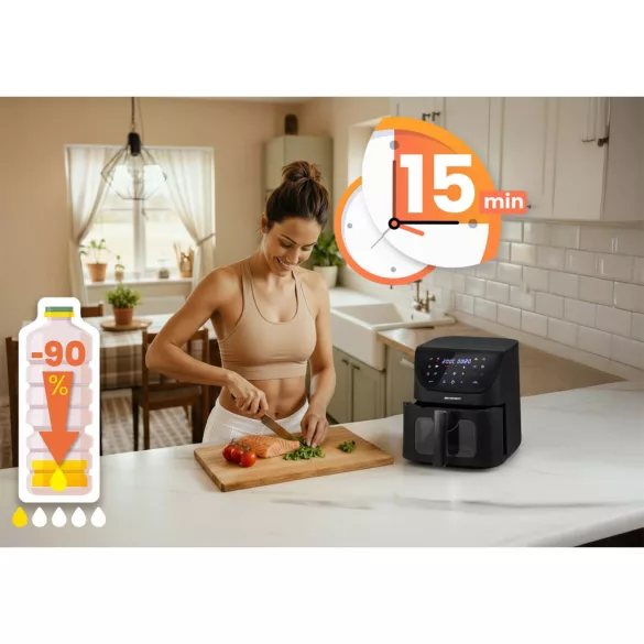 Air Fryer forrólevegős sütő, Berdsen BD-660, 8 l, fekete, olaj nélküli sütés, érintőkijelzős, 12 programos, ablakos kosár, LED világítás, 1700 W