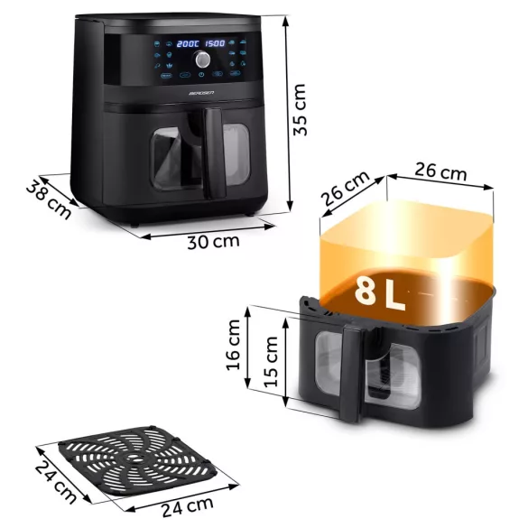 Air Fryer forrólevegős sütő, Berdsen BD-661, 8 l, fekete, olaj nélküli sütés, érintőkijelzős, 12 programos, ablakos kosár, LED világítás, 1700 W