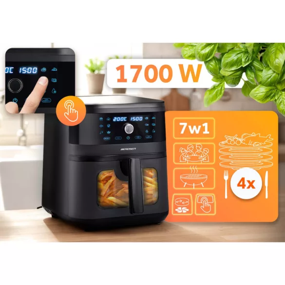 Air Fryer forrólevegős sütő, Berdsen BD-661, 8 l, fekete, olaj nélküli sütés, érintőkijelzős, 12 programos, ablakos kosár, LED világítás, 1700 W