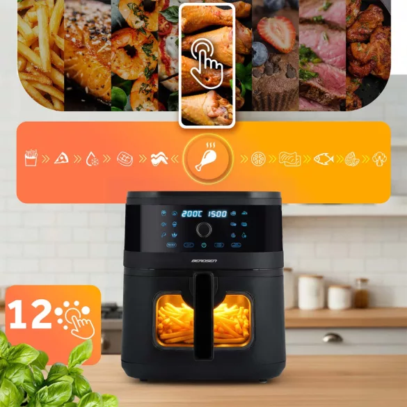 Air Fryer forrólevegős sütő, Berdsen BD-661, 8 l, fekete, olaj nélküli sütés, érintőkijelzős, 12 programos, ablakos kosár, LED világítás, 1700 W