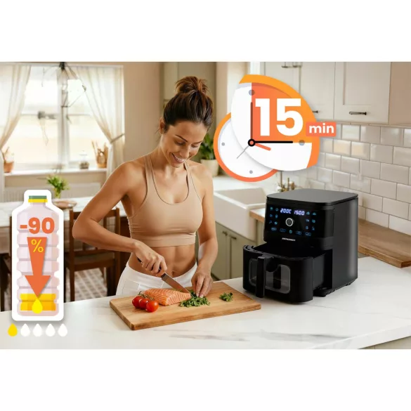 Air Fryer forrólevegős sütő, Berdsen BD-661, 8 l, fekete, olaj nélküli sütés, érintőkijelzős, 12 programos, ablakos kosár, LED világítás, 1700 W