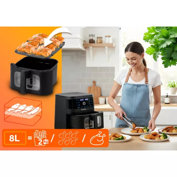 Air Fryer forrólevegős sütő, Berdsen BD-661, 8 l, fekete, olaj nélküli sütés, érintőkijelzős, 12 programos, ablakos kosár, LED világítás, 1700 W