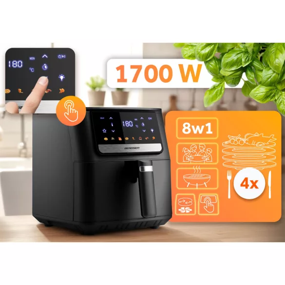 Air Fryer forrólevegős sütő, Berdsen BD-662, 6,5 l, fekete, olaj nélküli sütés, érintőkijelzős, 8 programos, túlmelegedés elleni védelem, 1700 W