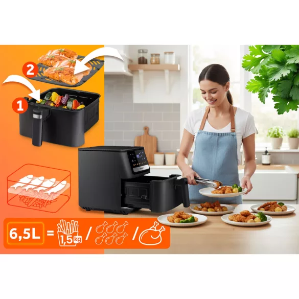 Air Fryer forrólevegős sütő, Berdsen BD-662, 6,5 l, fekete, olaj nélküli sütés, érintőkijelzős, 8 programos, túlmelegedés elleni védelem, 1700 W