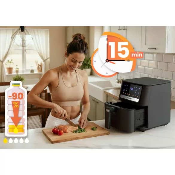 Air Fryer forrólevegős sütő, Berdsen BD-662, 6,5 l, fekete, olaj nélküli sütés, érintőkijelzős, 8 programos, túlmelegedés elleni védelem, 1700 W