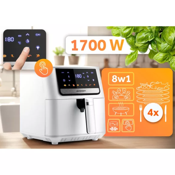 Air Fryer forrólevegős sütő, Berdsen BD-662, 6,5 l, fehér, olaj nélküli sütés, érintőkijelzős, 8 programos, túlmelegedés elleni védelem, 1700 W