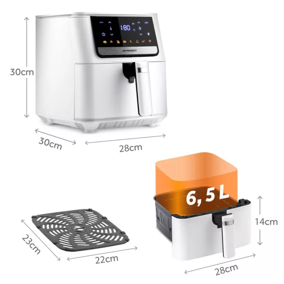 Air Fryer forrólevegős sütő, Berdsen BD-662, 6,5 l, fehér, olaj nélküli sütés, érintőkijelzős, 8 programos, túlmelegedés elleni védelem, 1700 W