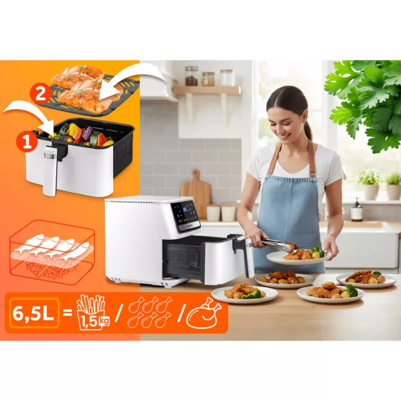 Air Fryer forrólevegős sütő, Berdsen BD-662, 6,5 l, fehér, olaj nélküli sütés, érintőkijelzős, 8 programos, túlmelegedés elleni védelem, 1700 W