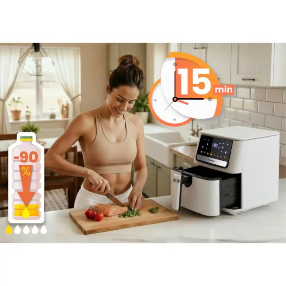 Air Fryer forrólevegős sütő, Berdsen BD-662, 6,5 l, fehér, olaj nélküli sütés, érintőkijelzős, 8 programos, túlmelegedés elleni védelem, 1700 W