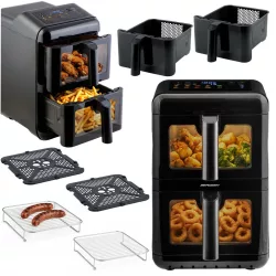   Air Fryer forrólevegős sütő, Berdsen BD-663, 11,6 l, fekete, kétkamrás, olaj nélküli sütés, érintőkijelzős, 9 programos, ablakos kosár, függőleges, 3000 W
