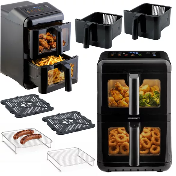 Air Fryer forrólevegős sütő, Berdsen BD-663, 11,6 l, fekete, kétkamrás, olaj nélküli sütés, érintőkijelzős, 9 programos, ablakos kosár, függőleges, 3000 W