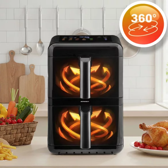 Air Fryer forrólevegős sütő, Berdsen BD-663, 11,6 l, fekete, kétkamrás, olaj nélküli sütés, érintőkijelzős, 9 programos, ablakos kosár, függőleges, 3000 W
