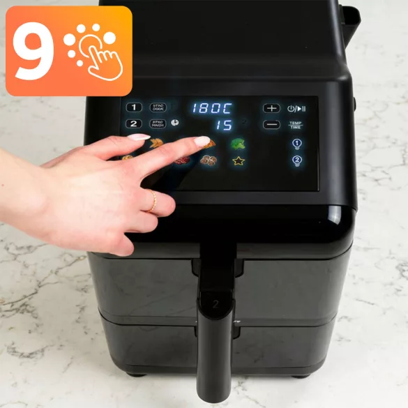 Air Fryer forrólevegős sütő, Berdsen BD-663, 11,6 l, fekete, kétkamrás, olaj nélküli sütés, érintőkijelzős, 9 programos, ablakos kosár, függőleges, 3000 W