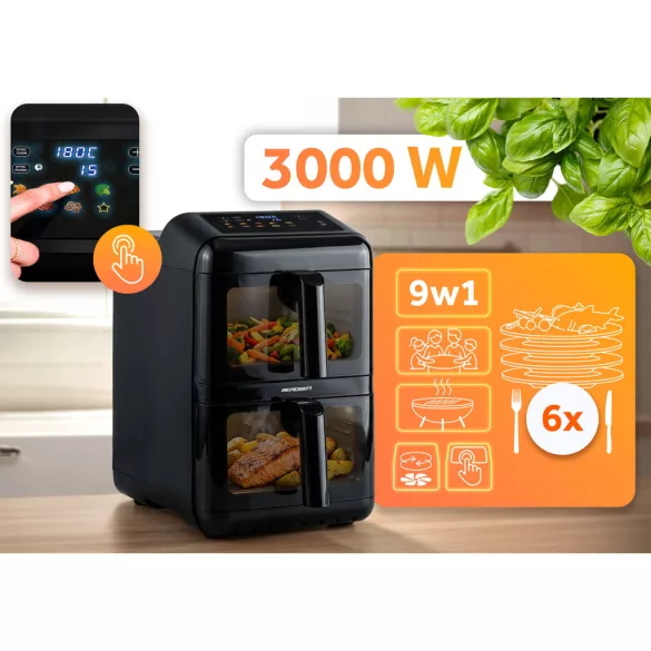 Air Fryer forrólevegős sütő, Berdsen BD-663, 11,6 l, fekete, kétkamrás, olaj nélküli sütés, érintőkijelzős, 9 programos, ablakos kosár, függőleges, 3000 W