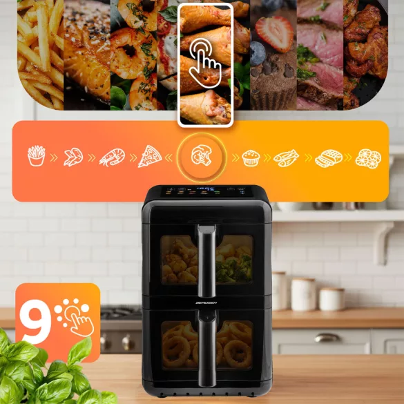 Air Fryer forrólevegős sütő, Berdsen BD-663, 11,6 l, fekete, kétkamrás, olaj nélküli sütés, érintőkijelzős, 9 programos, ablakos kosár, függőleges, 3000 W