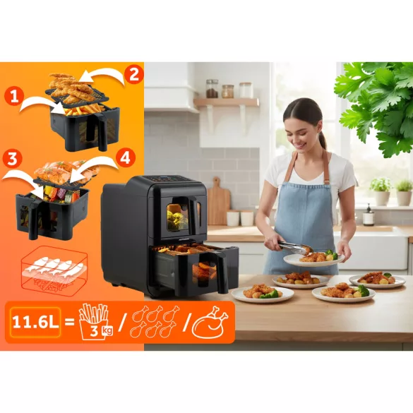 Air Fryer forrólevegős sütő, Berdsen BD-663, 11,6 l, fekete, kétkamrás, olaj nélküli sütés, érintőkijelzős, 9 programos, ablakos kosár, függőleges, 3000 W