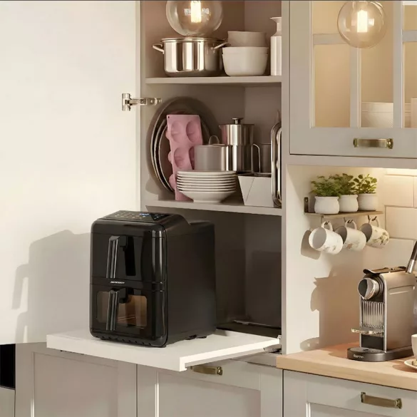 Air Fryer forrólevegős sütő, Berdsen BD-663, 11,6 l, fekete, kétkamrás, olaj nélküli sütés, érintőkijelzős, 9 programos, ablakos kosár, függőleges, 3000 W