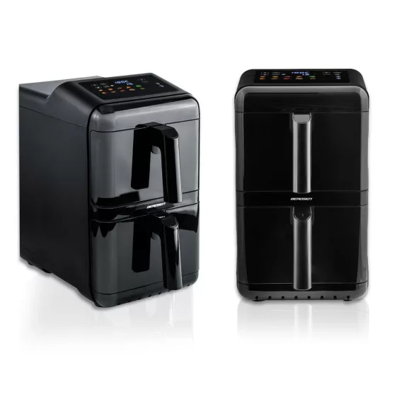 Air Fryer forrólevegős sütő, Berdsen BD-663, 11,6 l, fekete, kétkamrás, olaj nélküli sütés, érintőkijelzős, 9 programos, ablakos kosár, függőleges, 3000 W