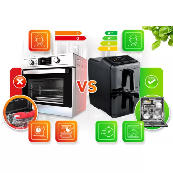Air Fryer forrólevegős sütő, Berdsen BD-663, 11,6 l, fekete, kétkamrás, olaj nélküli sütés, érintőkijelzős, 9 programos, ablakos kosár, függőleges, 3000 W