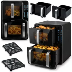   Air Fryer forrólevegős sütő, Berdsen BD-664, 12 l, fekete, kétkamrás, olaj nélküli sütés, érintőkijelzős, 8 programos, ablakos kosár, függőleges, 2800 W