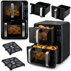 Air Fryer forrólevegős sütő, Berdsen BD-664, 12 l, fekete, kétkamrás, olaj nélküli sütés, érintőkijelzős, 8 programos, ablakos kosár, függőleges, 2800 W