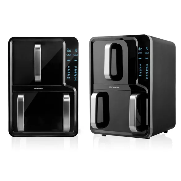 Air Fryer forrólevegős sütő, Berdsen BD-664, 12 l, fekete, kétkamrás, olaj nélküli sütés, érintőkijelzős, 8 programos, ablakos kosár, függőleges, 2800 W