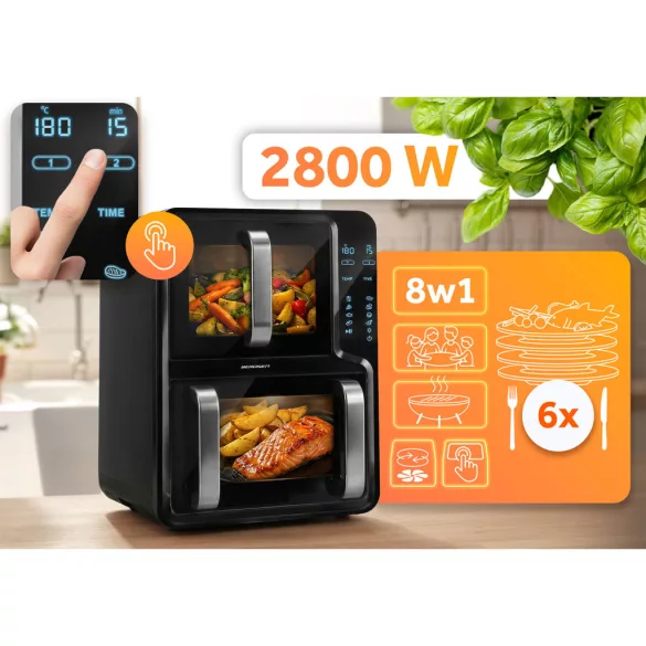 Air Fryer forrólevegős sütő, Berdsen BD-664, 12 l, fekete, kétkamrás, olaj nélküli sütés, érintőkijelzős, 8 programos, ablakos kosár, függőleges, 2800 W