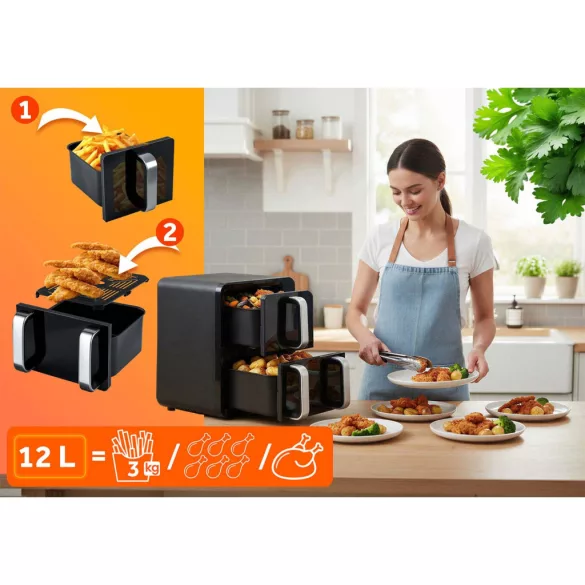 Air Fryer forrólevegős sütő, Berdsen BD-664, 12 l, fekete, kétkamrás, olaj nélküli sütés, érintőkijelzős, 8 programos, ablakos kosár, függőleges, 2800 W
